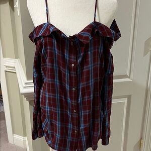 LOFT Burgundy and Blue Plaid Off-Shoulder Blouse, NWOT, XL